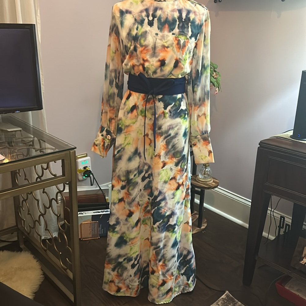 TOUCHÉ PRIVÉ-TIE-DYE DRESS Blue and Orange Long Sleeve Gown for Cocktail Events